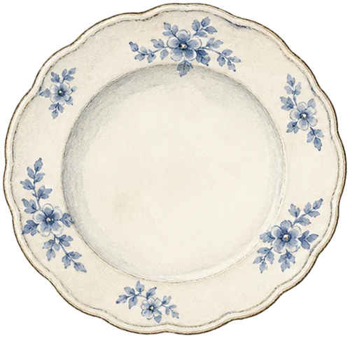 A small cream china plate with a faded blue design.