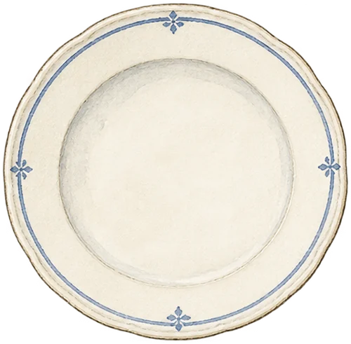 A small cream china plate with a faded blue design.