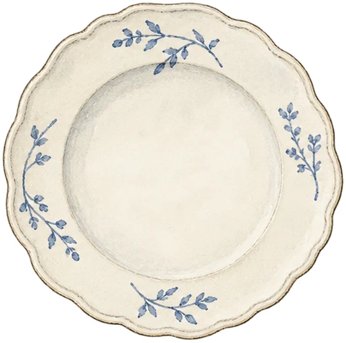 A small cream china plate with a faded blue design.