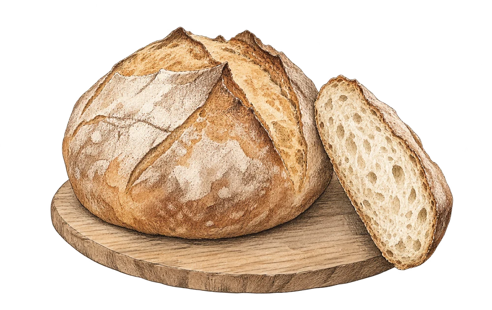A flour-dusted homemade loaf and one slice on an old wooden breadboard.