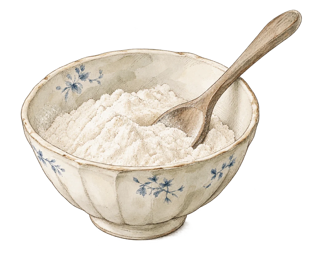 A blue-and-white bowl of flour, with a wooden spoon.