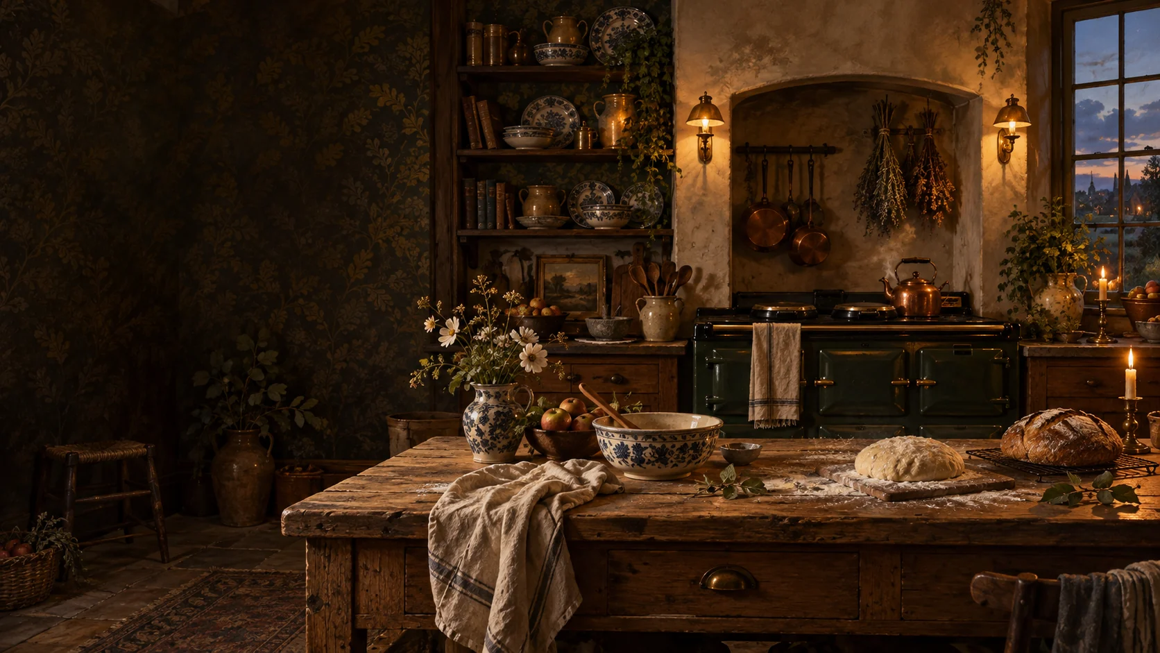 An imagined English cottage kitchen, with a warm range and a flour-dusted wooden counter.